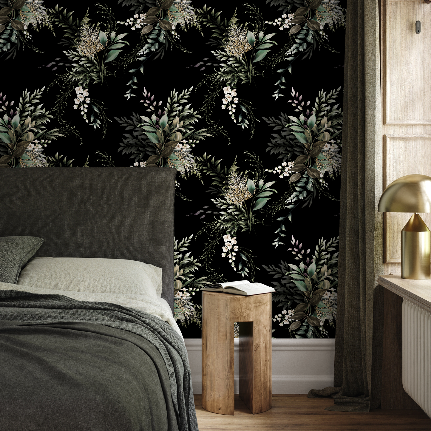 Black Botanical Garden Wallpaper / Wallpaper Peel and Stick Wallpaper Removable Wallpaper Home Decor Wall Art Wall Decor Room Decor - C789