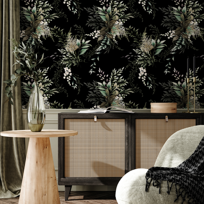 Black Botanical Garden Wallpaper / Wallpaper Peel and Stick Wallpaper Removable Wallpaper Home Decor Wall Art Wall Decor Room Decor - C789