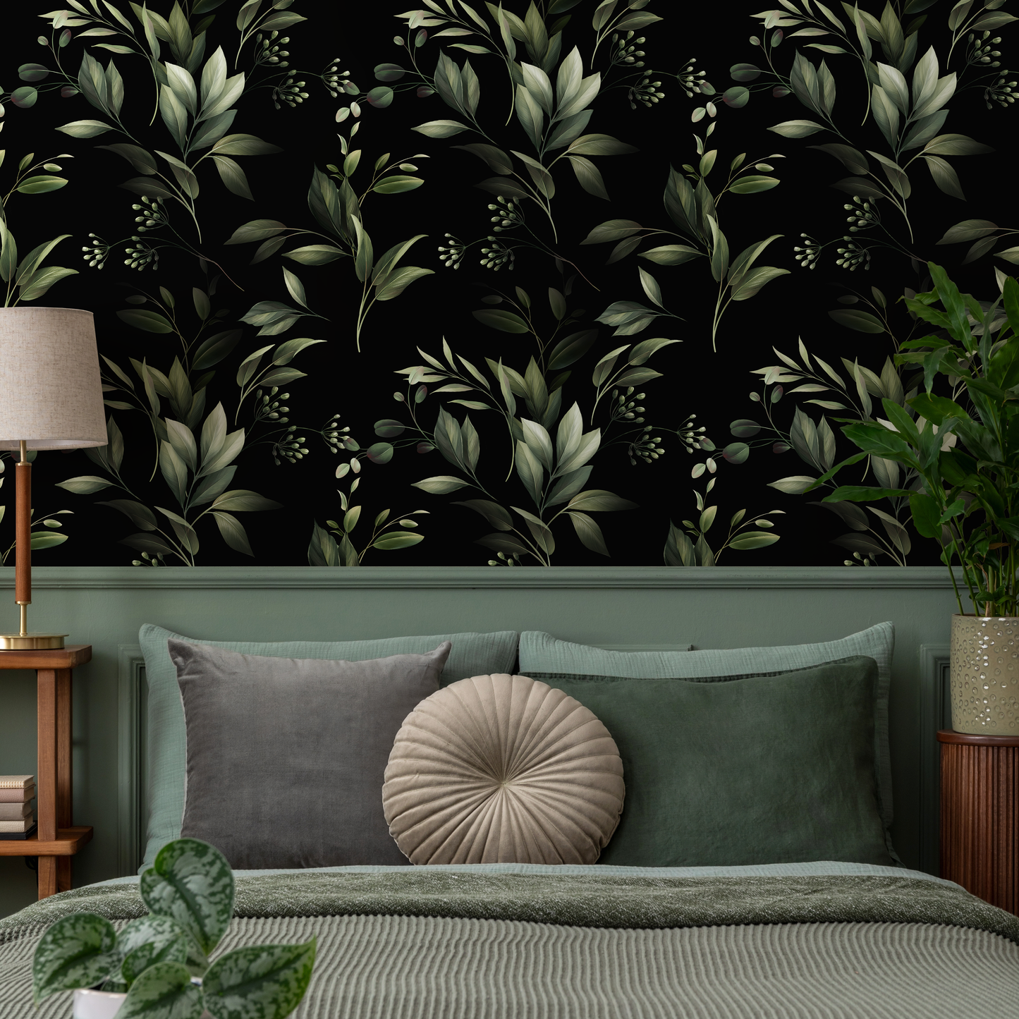 Black Boho Leaf Wallpaper / Peel and Stick Wallpaper Removable Wallpaper Home Decor Wall Art Wall Decor Room Decor - C790