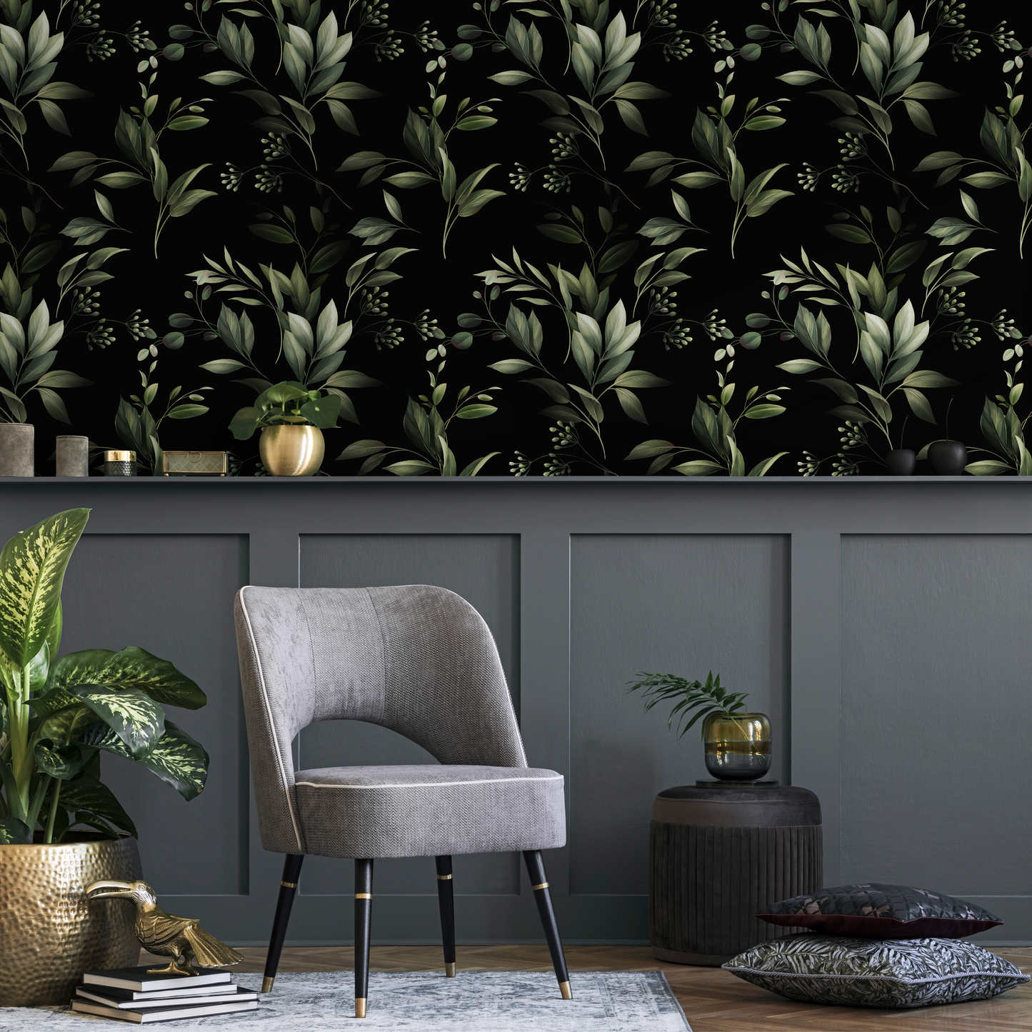 Black Boho Leaf Wallpaper / Peel and Stick Wallpaper Removable Wallpaper Home Decor Wall Art Wall Decor Room Decor - C790