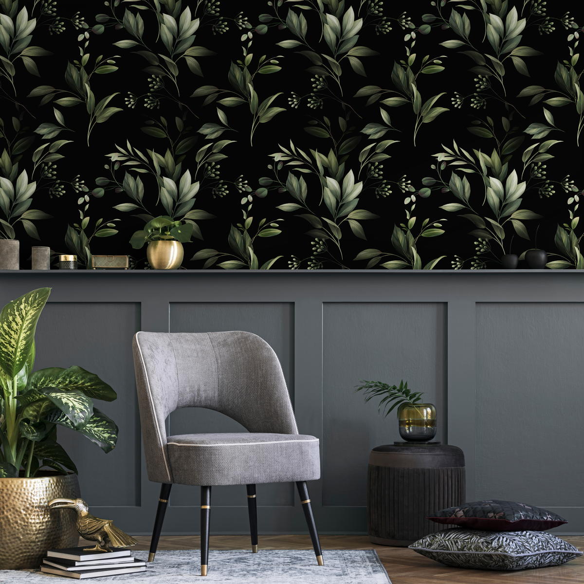 Botanical Wallpaper with Lush Leafy Branches in Green and Black - detail view