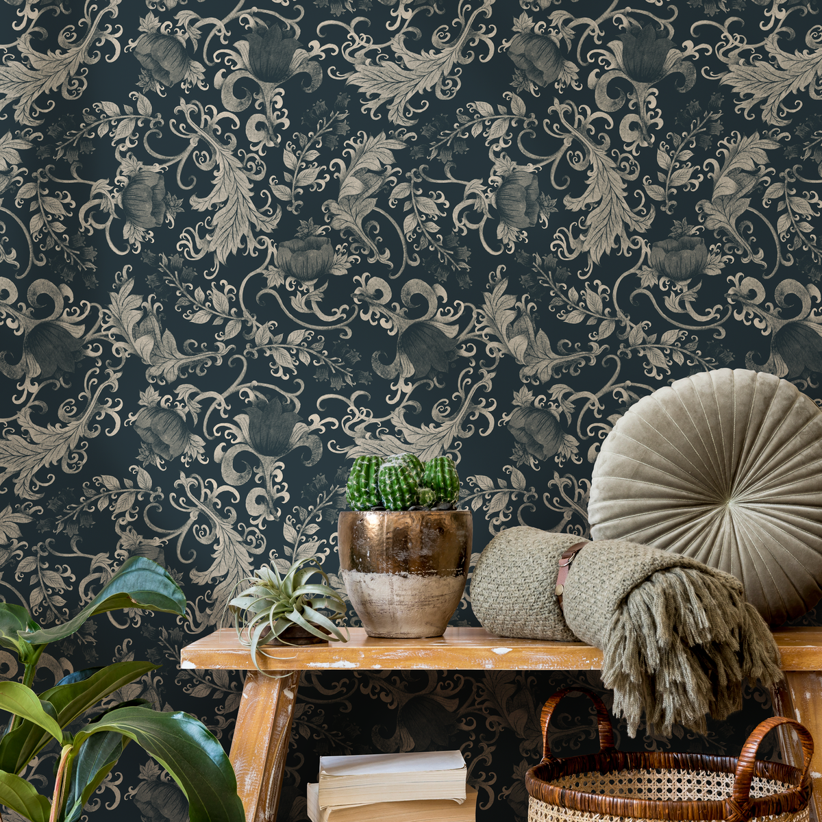 Art Nouveau Wallpaper with Vintage Floral Scrolls in Navy and Beige - detail view