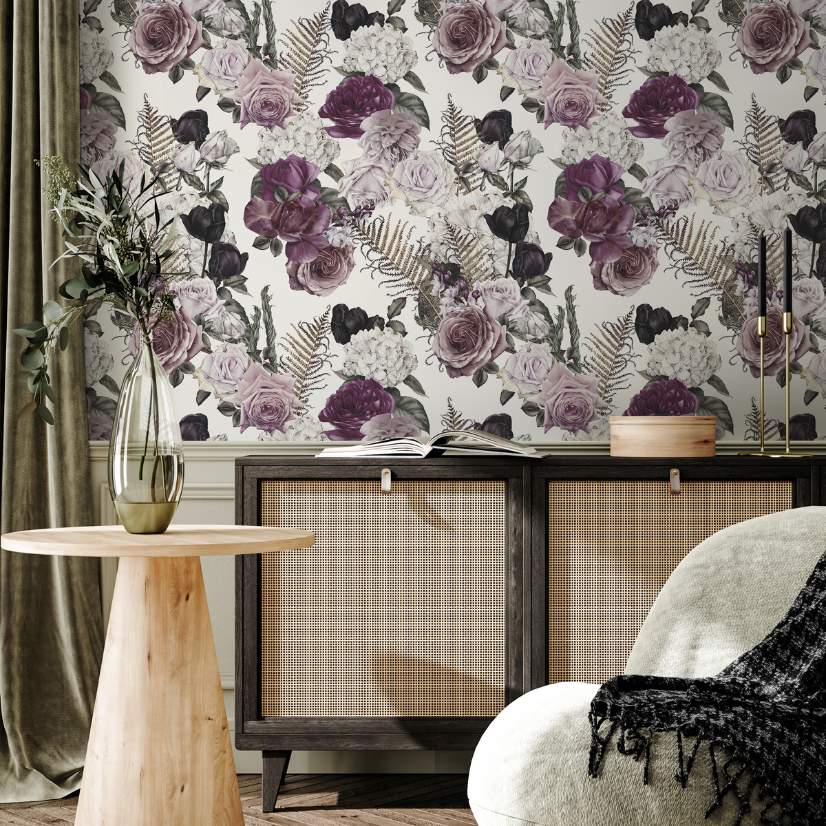 Floral Wallpaper with Vintage Roses and Ferns in Purple, Black, and White - detail view