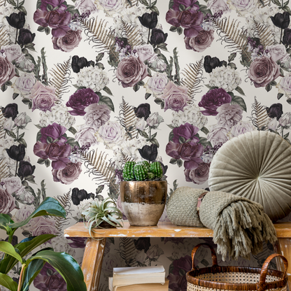 Vintage Roses and Leaf Wallpaper / Peel and Stick Wallpaper Removable Wallpaper Home Decor Wall Art Wall Decor Room Decor - C792