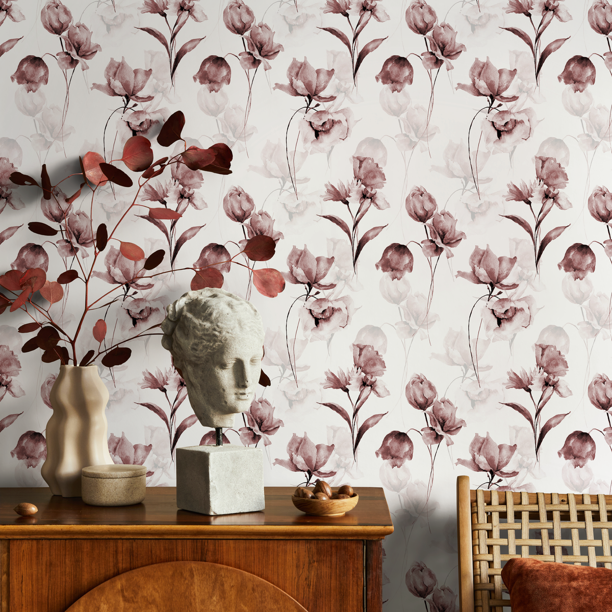 Floral Wallpaper Featuring Ethereal Blooms in Dusty Rose and Brown - detail view