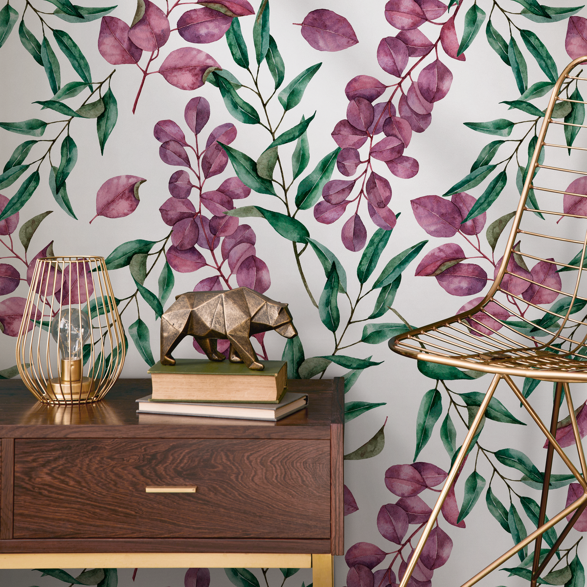 Botanical Wallpaper Featuring Watercolor Eucalyptus in Purple and Green - detail view