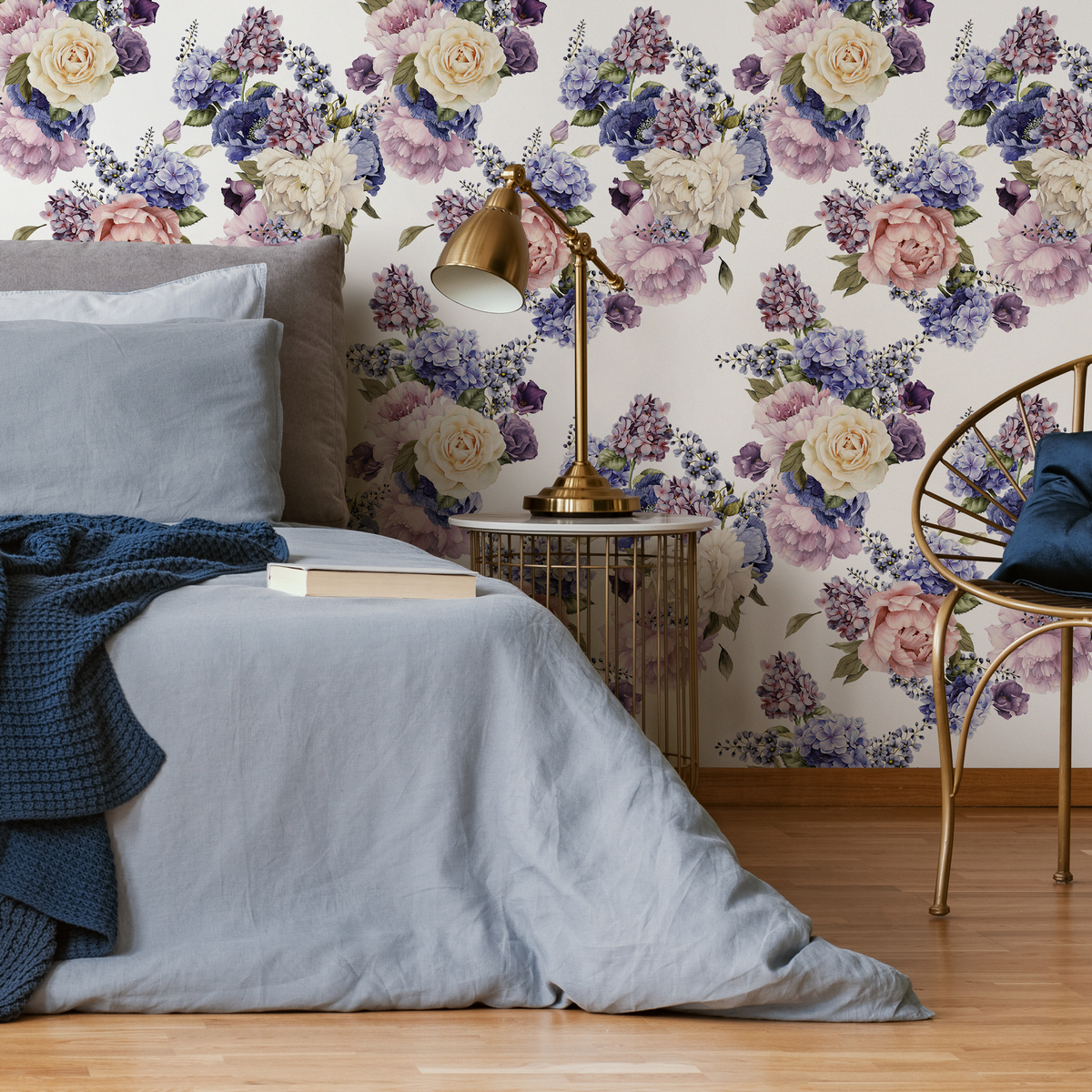 Floral Wallpaper with Roses and Hydrangeas in Purple, Blue, and Pink - detail view