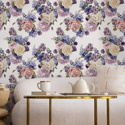 Floral Roses and Hydrangeas Wallpaper / Peel and Stick Wallpaper Removable Wallpaper Home Decor Wall Art Wall Decor Room Decor - C795