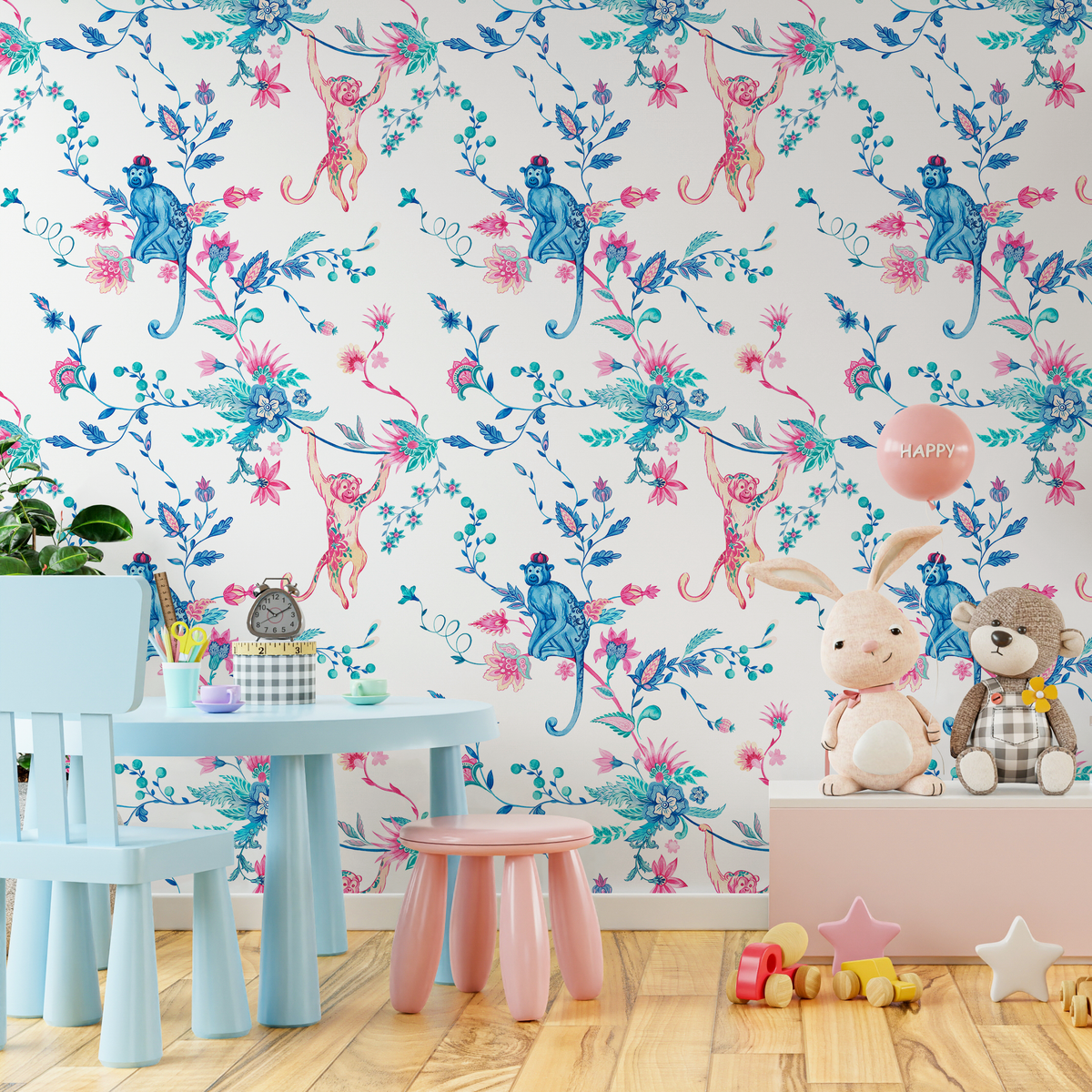 Animal Wallpaper with Monkeys and Floral Vines in Blue, Pink, and Teal - detail view