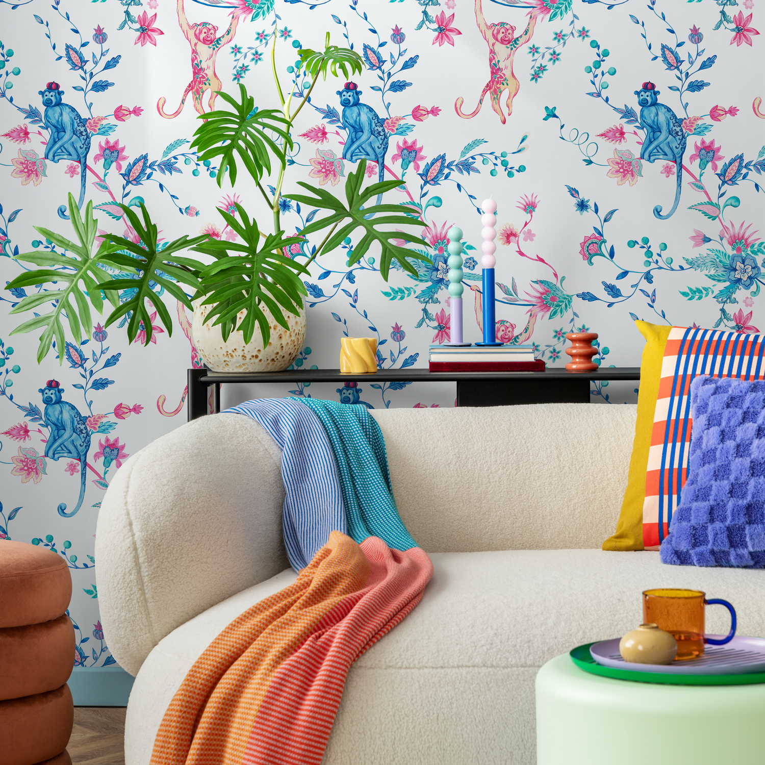 Papier peint à motifs de singes et de fleurs de la jungle / Papier peint autocollant amovible Décoration d'intérieur Art mural Décoration murale Décoration de chambre -C796