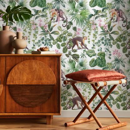 Botanical Jungle and Monkeys Wallpaper / Peel and Stick Wallpaper Removable Wallpaper Home Decor Wall Art Wall Decor Room Decor - C797