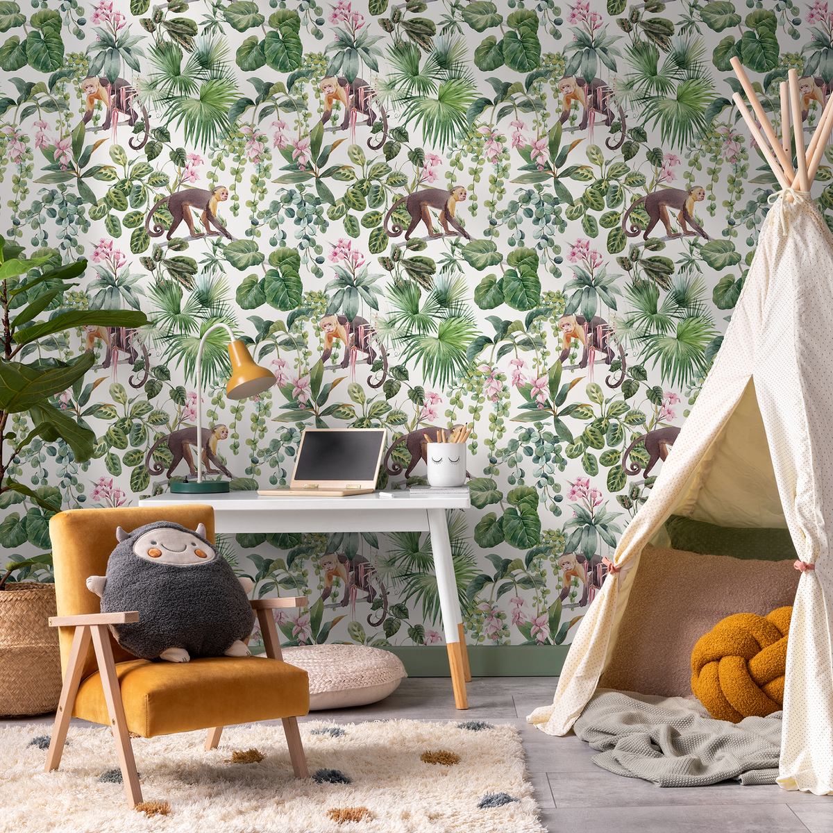 Botanical Wallpaper with a Monkey and Jungle Motif in Green, Brown, and Pink - detail view