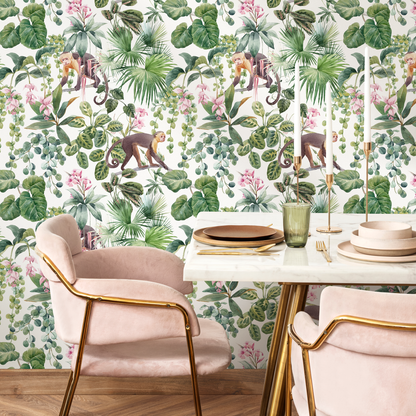 Botanical Jungle and Monkeys Wallpaper / Peel and Stick Wallpaper Removable Wallpaper Home Decor Wall Art Wall Decor Room Decor - C797