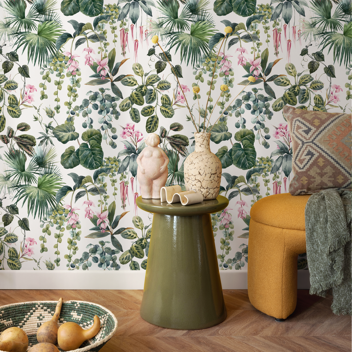 Botanical Wallpaper with Lush Jungle Foliage in Green and Pink - detail view