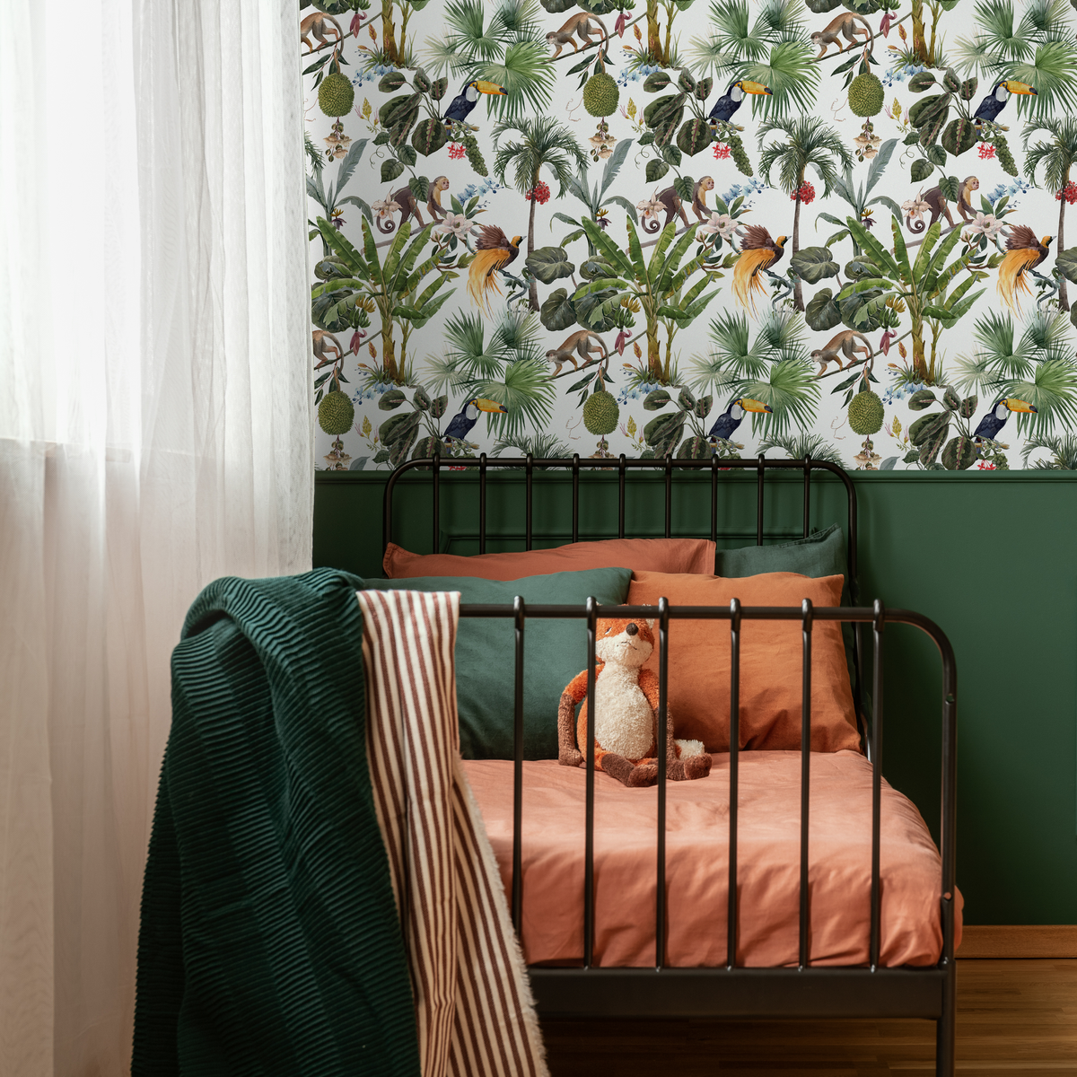 Jungle Wallpaper with Monkeys and Tropical Birds in Green and Brown - detail view