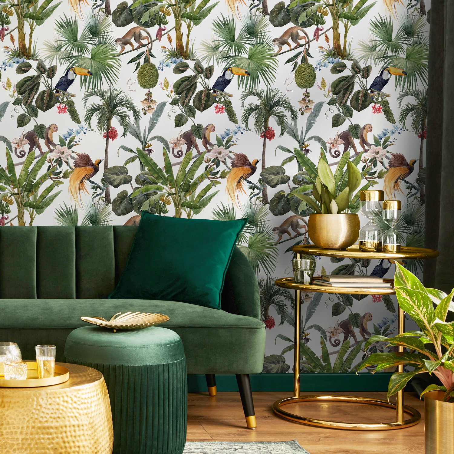 Papel pintado de monos y aves de la selva / Papel pintado autoadhesivo / Papel pintado removible / Decoración del hogar / Arte de pared / Decoración de habitaciones - C799