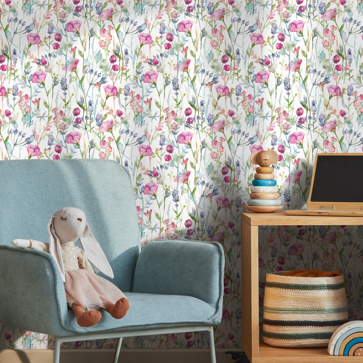 Wildflower Wallpaper with a Watercolor Meadow Motif in Pink, Purple, and Green - detail view
