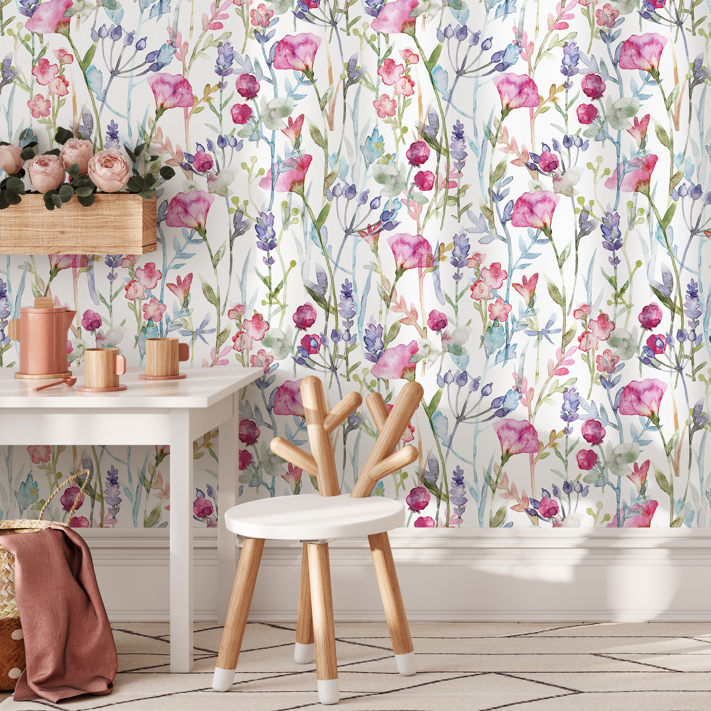 Watercolor Flowers Garden Wallpaper / Peel and Stick Wallpaper Removable Wallpaper Home Decor Wall Art Wall Decor Room Decor - C801