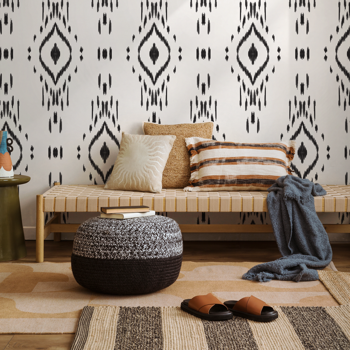 African Wallpaper with a Sketched Ikat Motif in Black and White - detail view