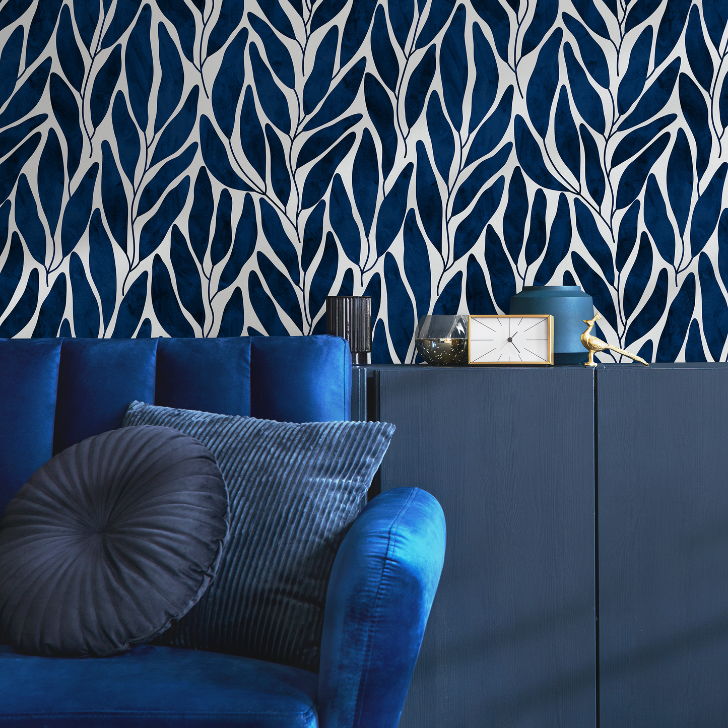 Navy Blue Leaf Boho Wallpaper / Peel and Stick Wallpaper Removable Wallpaper Home Decor Wall Art Wall Decor Room Decor - C804