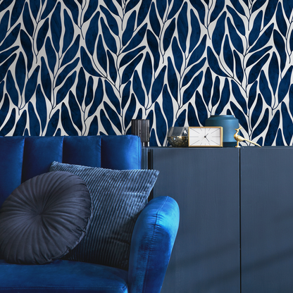 Navy Blue Leaf Boho Wallpaper / Peel and Stick Wallpaper Removable Wallpaper Home Decor Wall Art Wall Decor Room Decor - C804