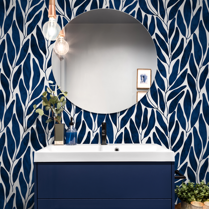 Navy Blue Leaf Boho Wallpaper / Peel and Stick Wallpaper Removable Wallpaper Home Decor Wall Art Wall Decor Room Decor - C804