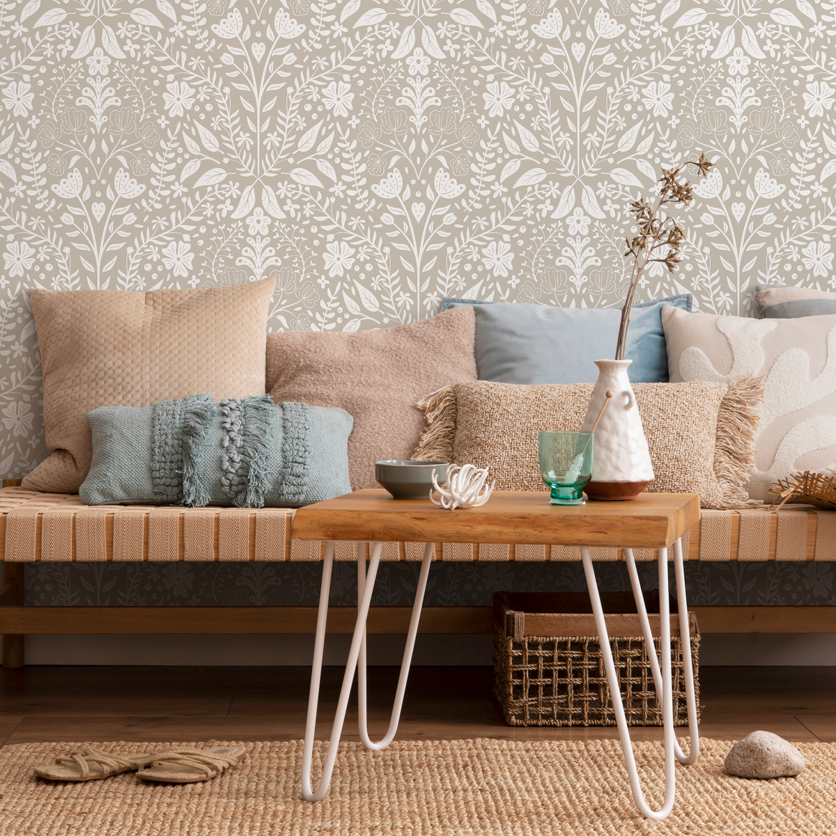 Damask Wallpaper with a Wildflower Motif in Beige and White - detail view
