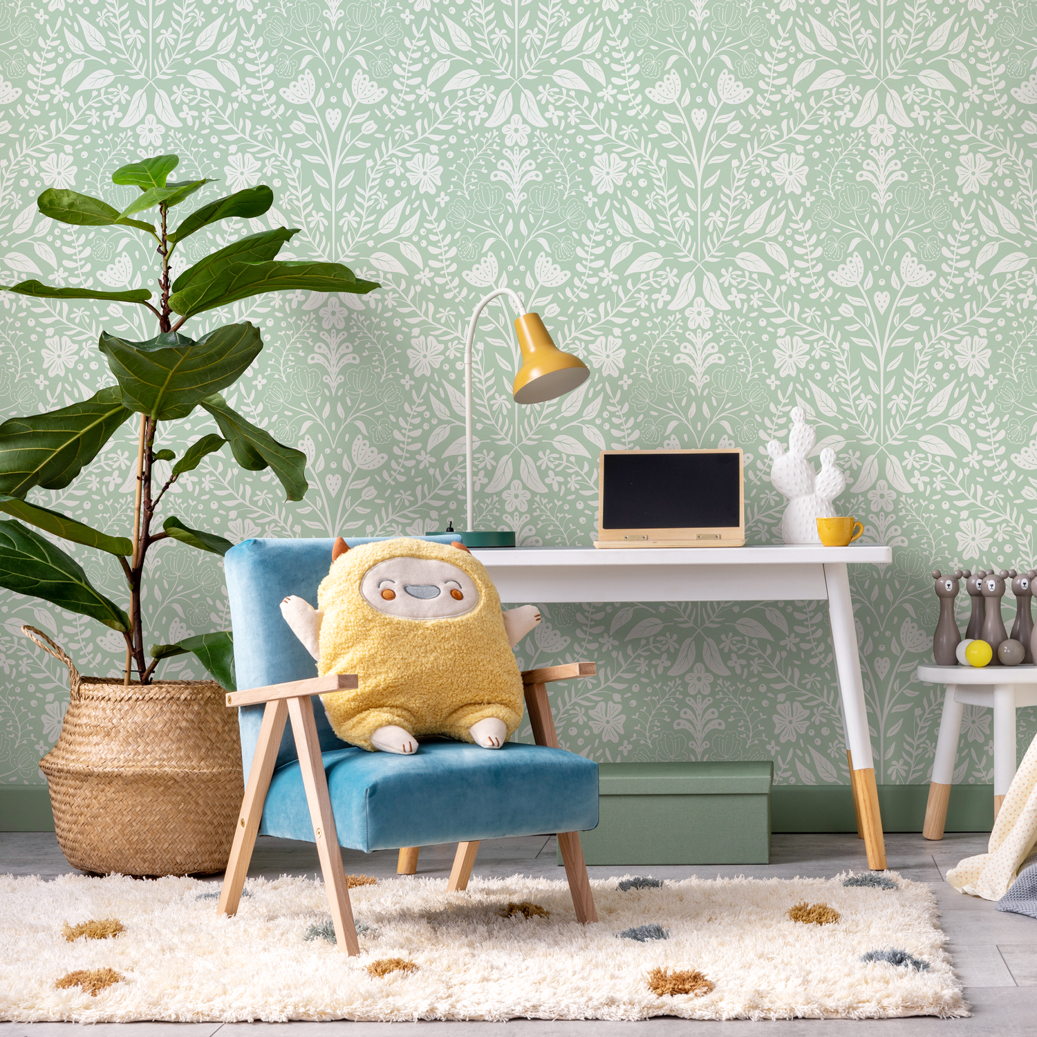 Papel pintado bohemio con flores silvestres de menta/papel pintado autoadhesivo/papel pintado extraíble/decoración del hogar/arte de pared/decoración de habitación - C808