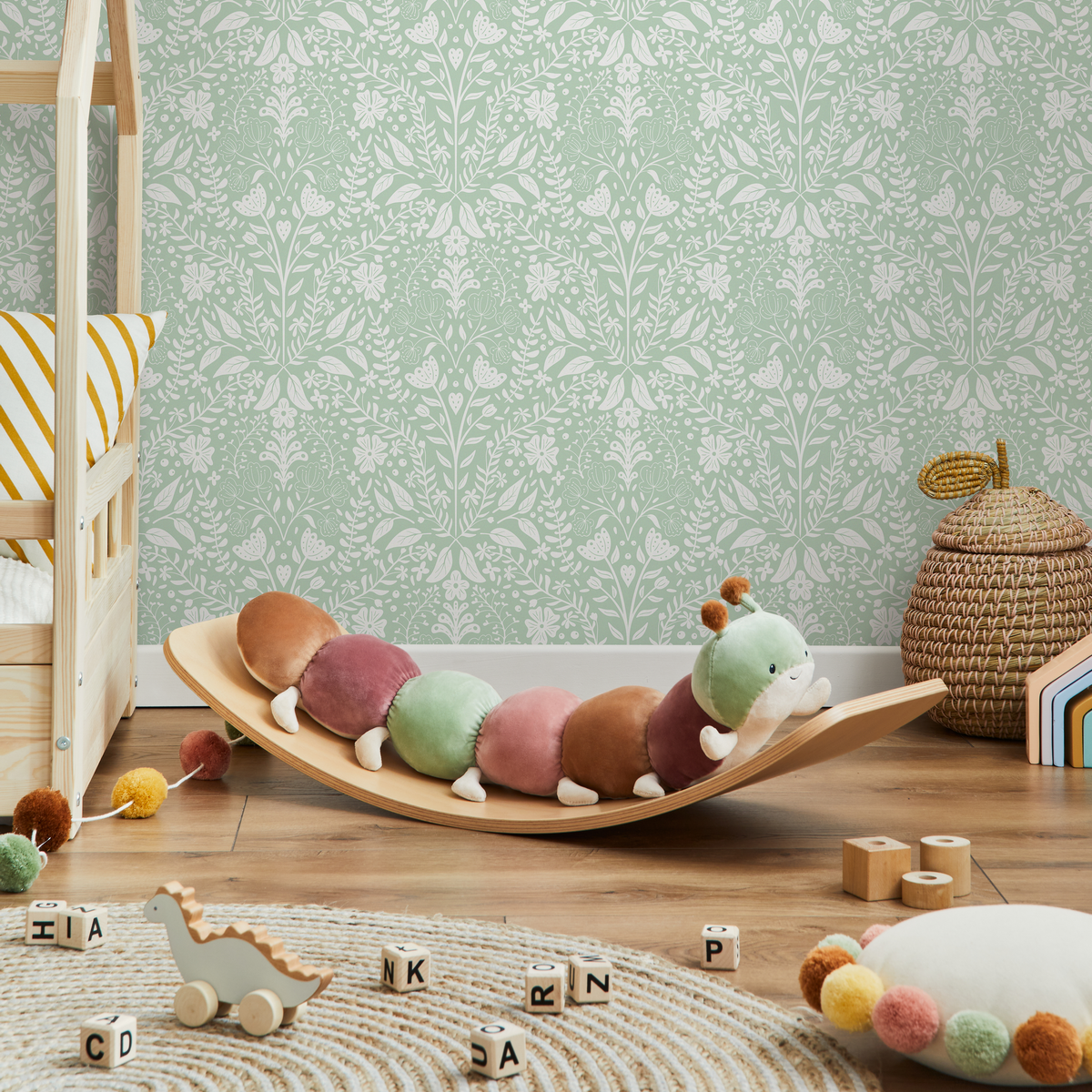 Botanical Wallpaper with a Folk Art Wildflower Motif in Mint Green and White - detail view