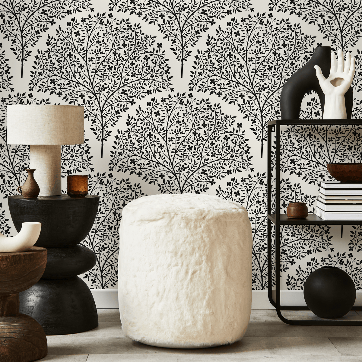 Floral Wallpaper with a Stylized Tree Motif in Black and Beige - detail view