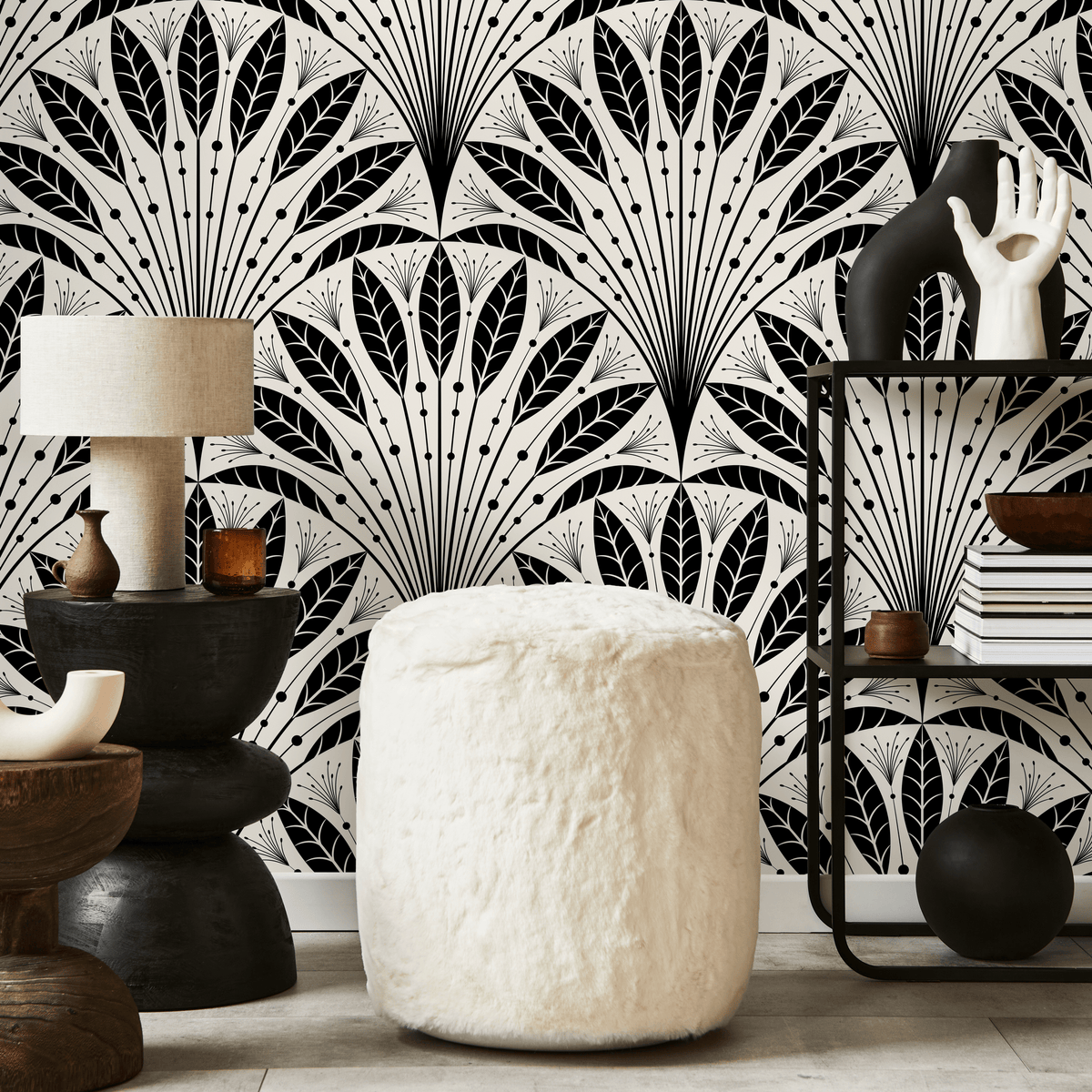 Art Deco Wallpaper with a Fanned Feather Motif in Black and Beige - detail view