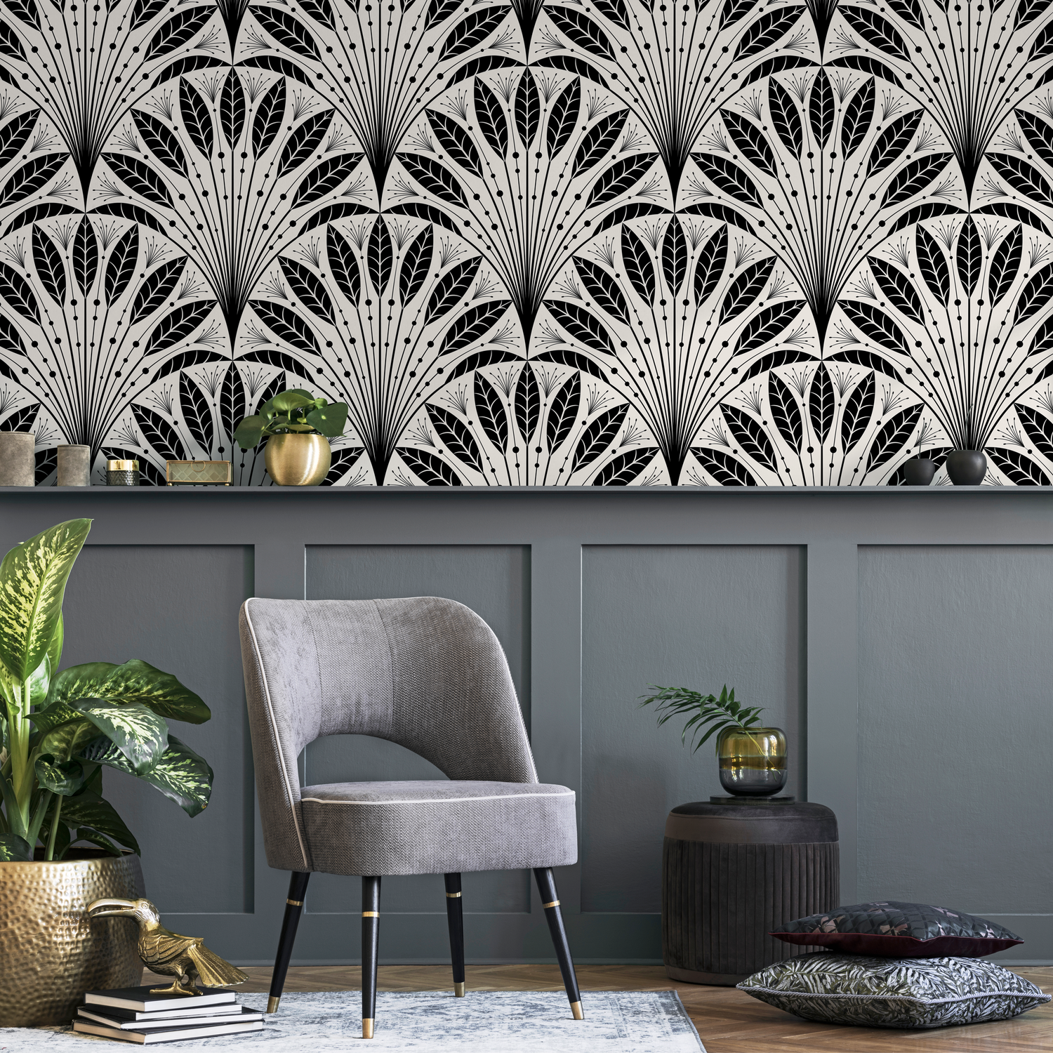 Papel pintado bohemio con plumas en negro y beige. Papel pintado autoadhesivo. Papel pintado extraíble. Decoración del hogar. Arte de pared. Decoración de habitaciones. C814