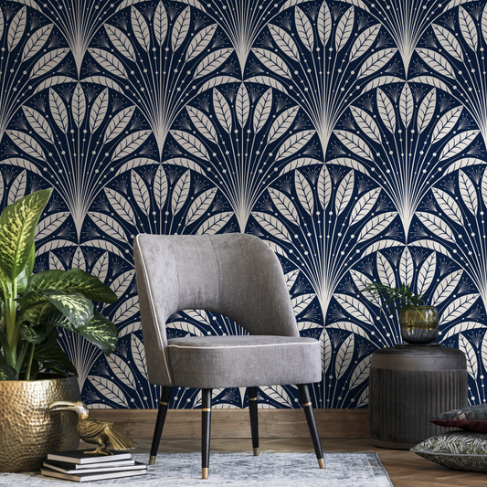 Navy Blue Boho Feathers Wallpaper / Peel and Stick Wallpaper Removable Wallpaper Home Decor Wall Art Wall Decor Room Decor - C815