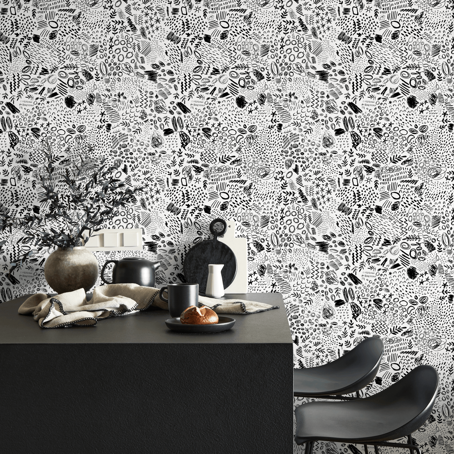 Papier peint abstrait noir et blanc - Papier peint autocollant amovible - Décoration d'intérieur - Décoration murale - C817