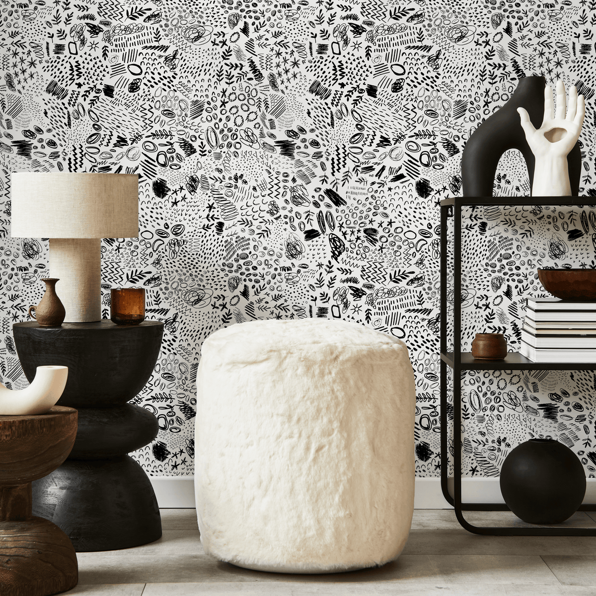 Abstract Wallpaper with Artistic Doodles in Black and White - detail view