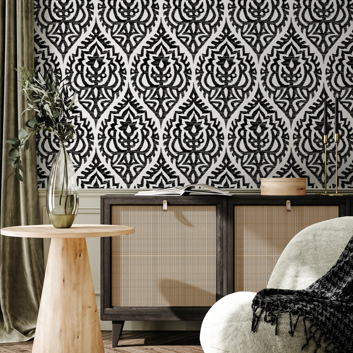 Moroccan Wallpaper with a Bold Ikat Motif in Black and White - detail view