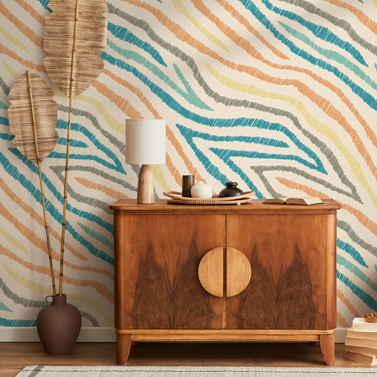 Abstract Wallpaper with Scribbled Wavy Lines in Blue, Orange, and Yellow - detail view