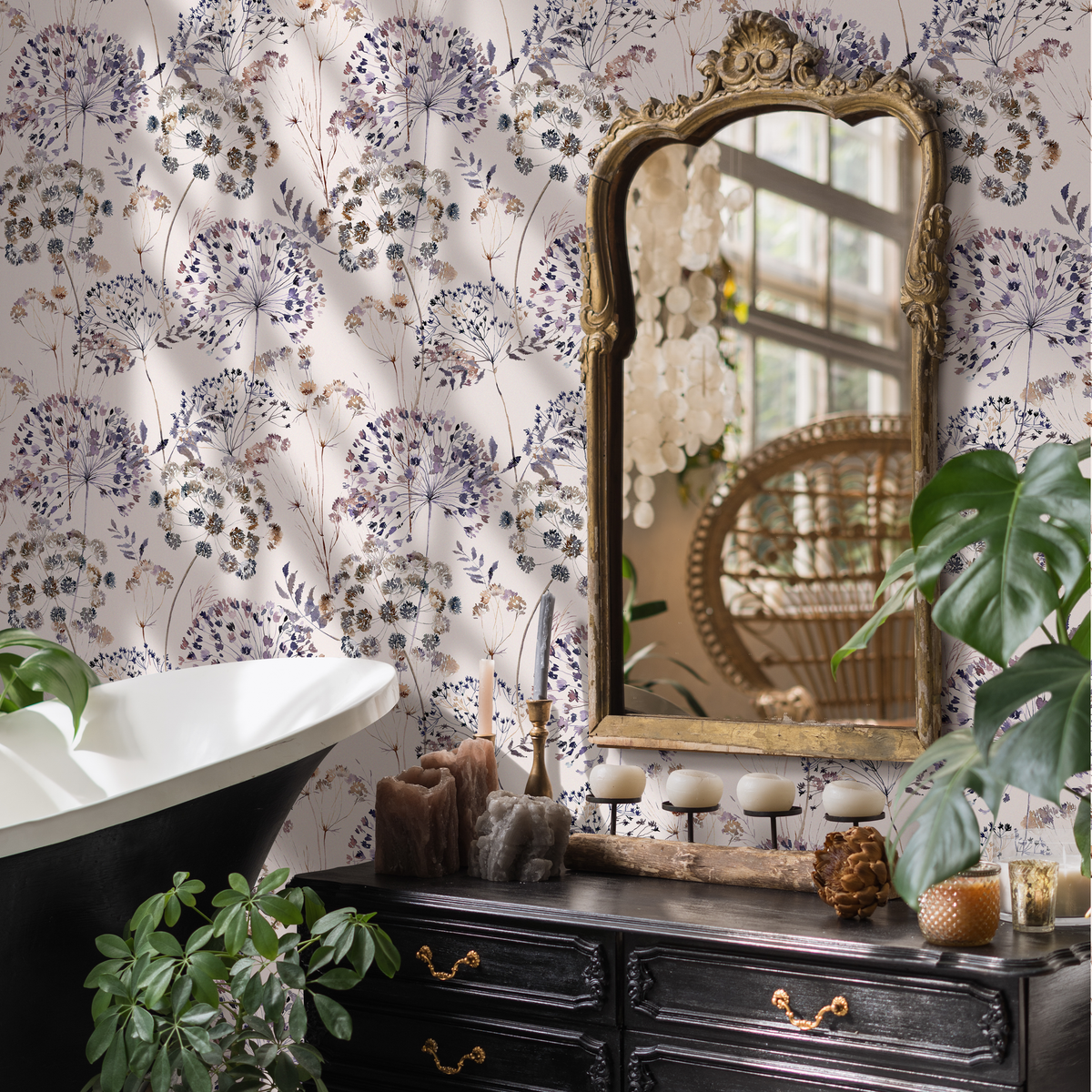 Floral Wallpaper Featuring Dandelion and Wildflower Motifs in Purple and Brown - detail view