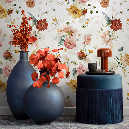 Vintage Flowers Watercolor Wallpaper / Peel and Stick Wallpaper Removable Wallpaper Home Decor Wall Art Wall Decor Room Decor - C821