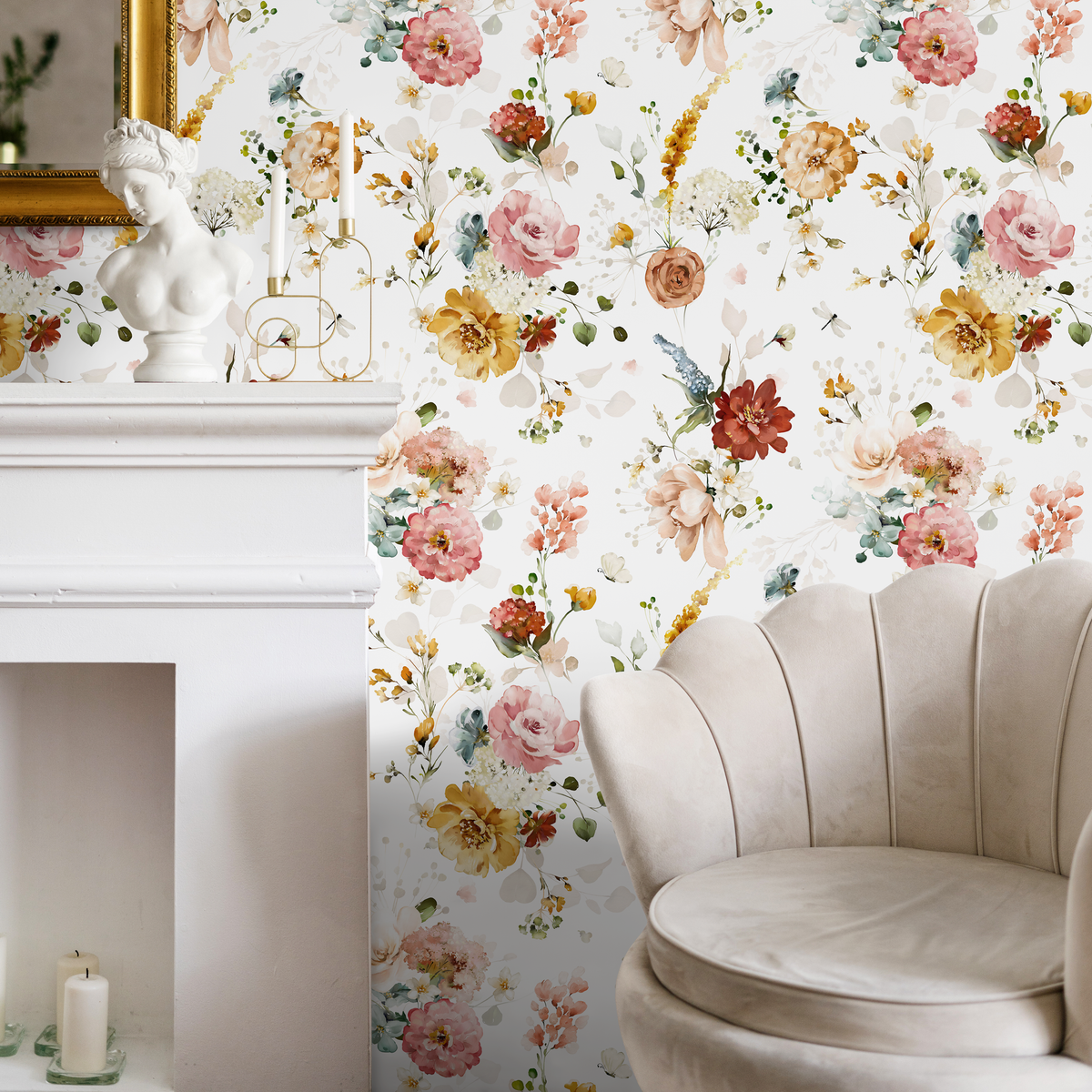 Floral Wallpaper with a Vintage Watercolor Bouquet in Pink, Yellow, and Red - detail view