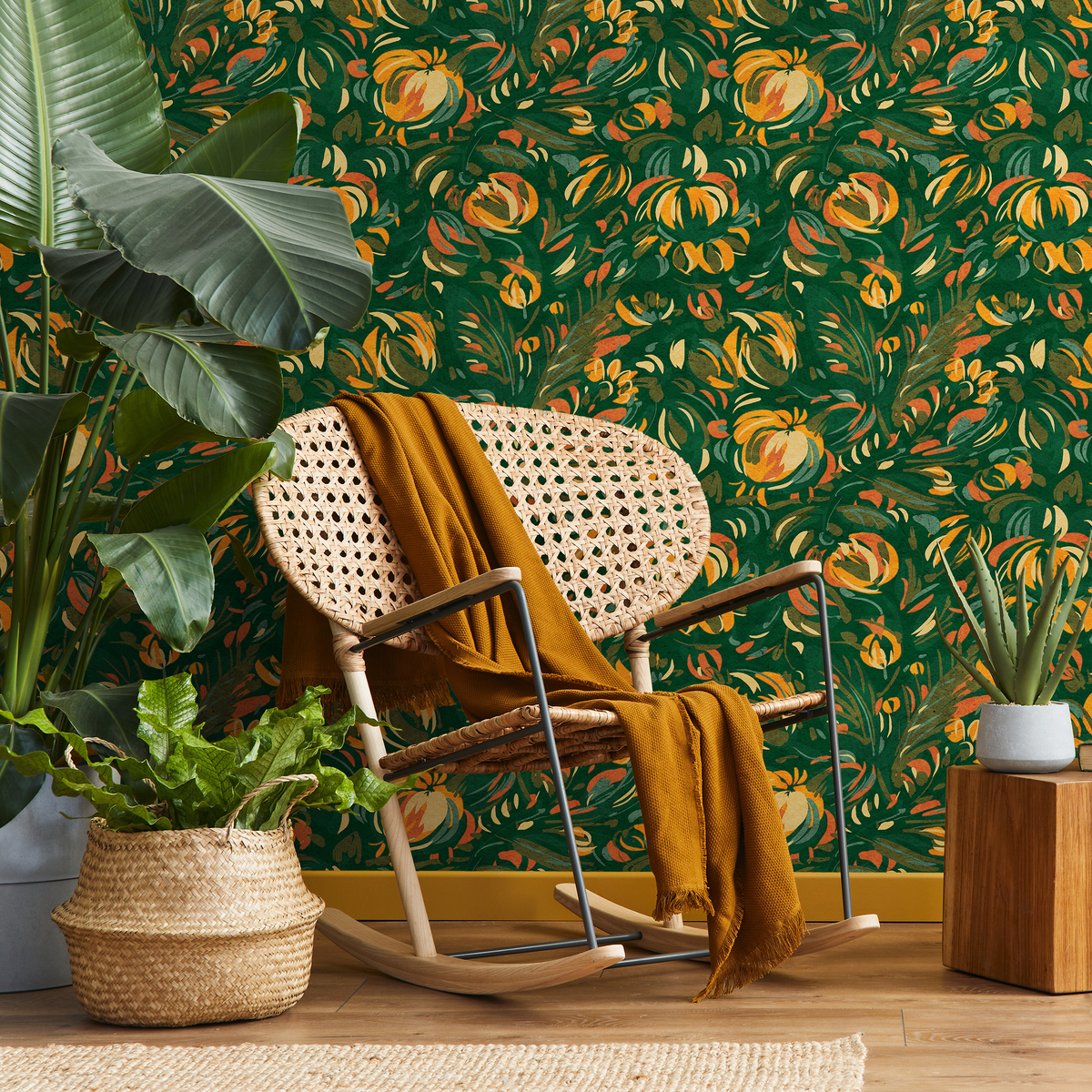 Abstract Floral Wallpaper with a Painterly Motif in Green, Orange, and Yellow - detail view