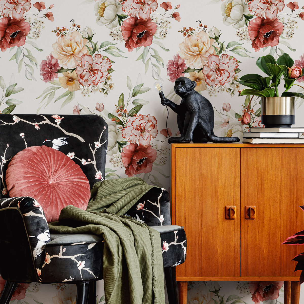 Floral Wallpaper Featuring Watercolor Peonies in Red, Pink, and White - detail view