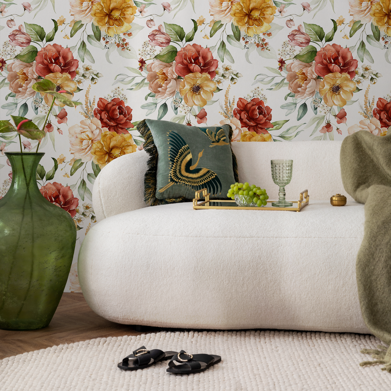 Floral Wallpaper with Vintage Watercolor Roses in Red, Yellow, and Pink - C824