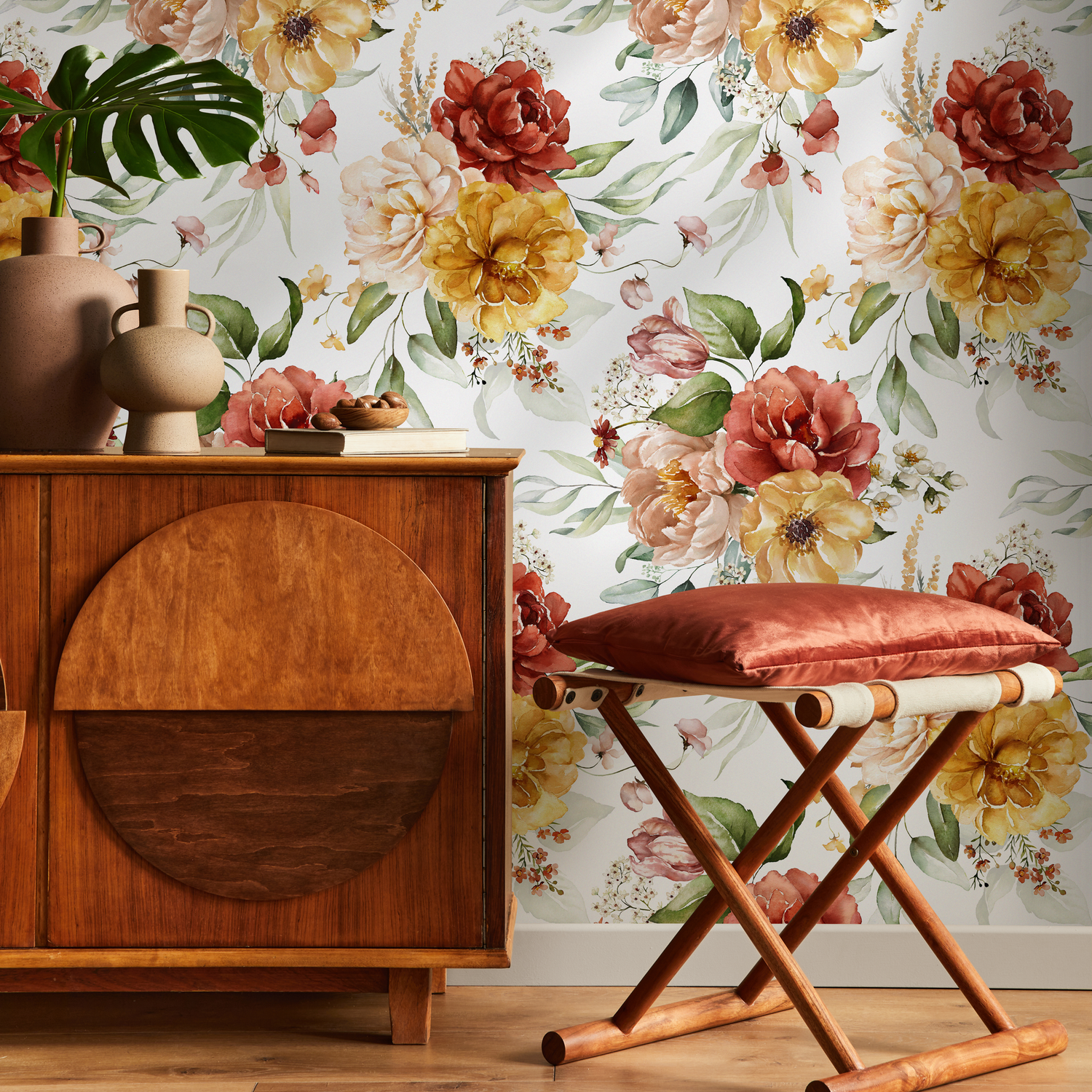 Floral Wallpaper with Vintage Watercolor Roses in Red, Yellow, and Pink - C824