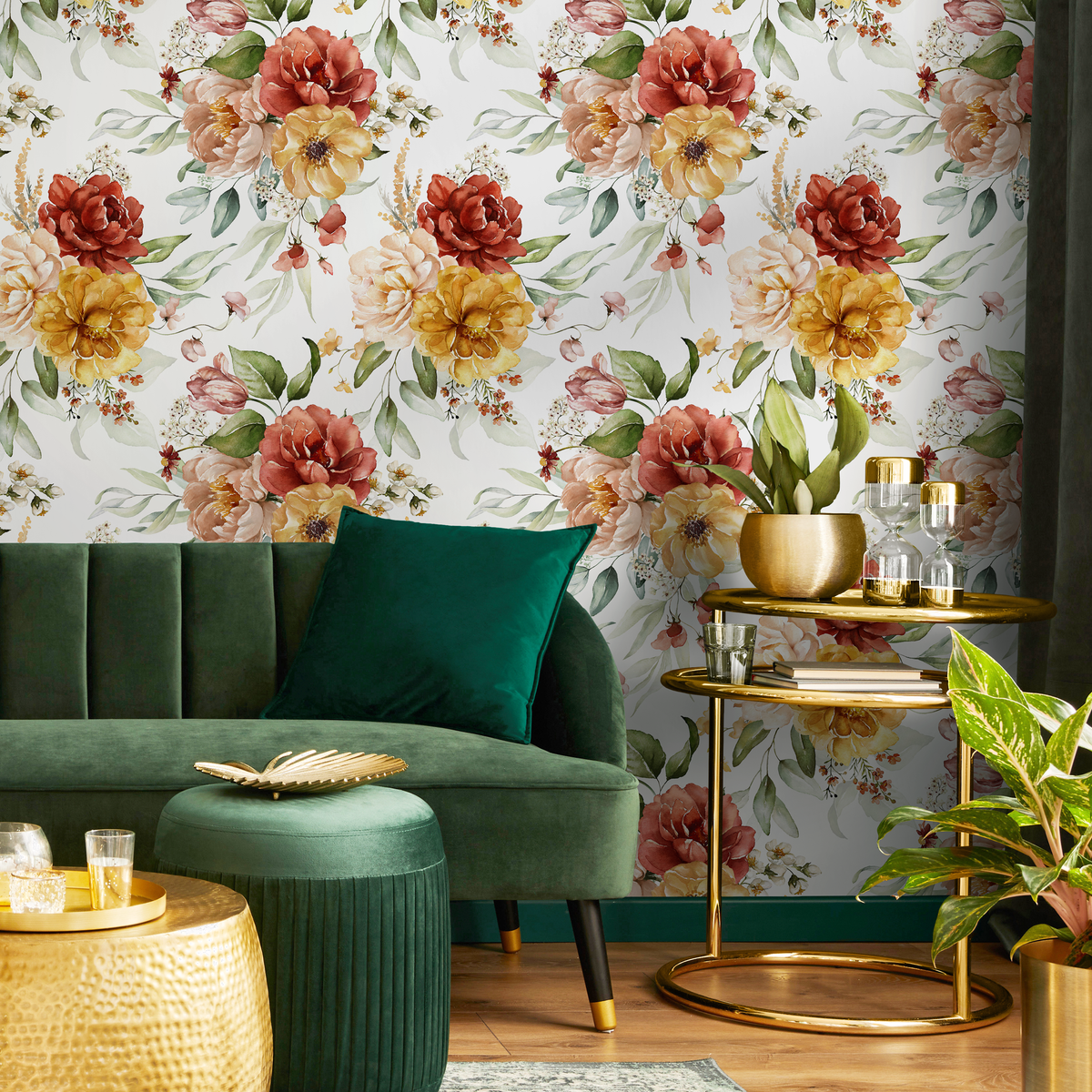Floral Wallpaper with Vintage Watercolor Roses in Red, Yellow, and Green - detail view