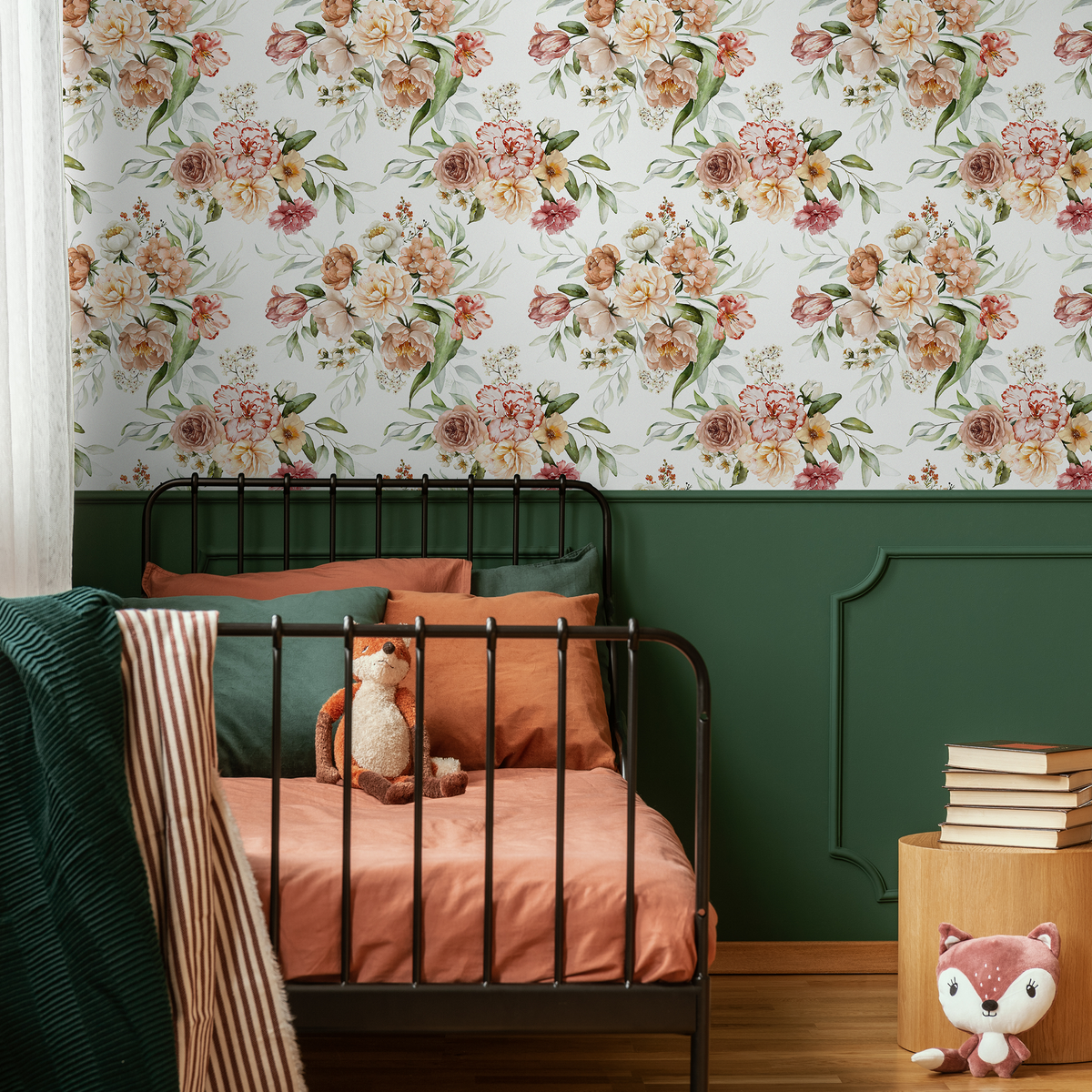 Vintage Wallpaper with Watercolor Roses and Peonies in Peach and Rose - detail view