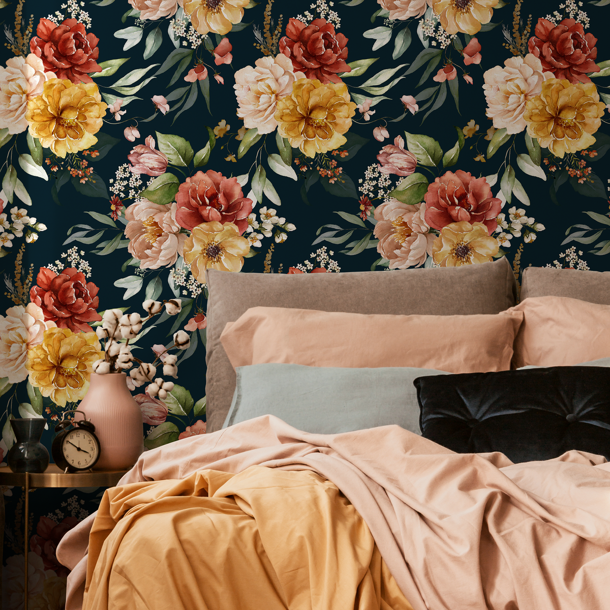 Floral Wallpaper with a Vintage Garden Motif in Yellow, Red, and Green - detail view
