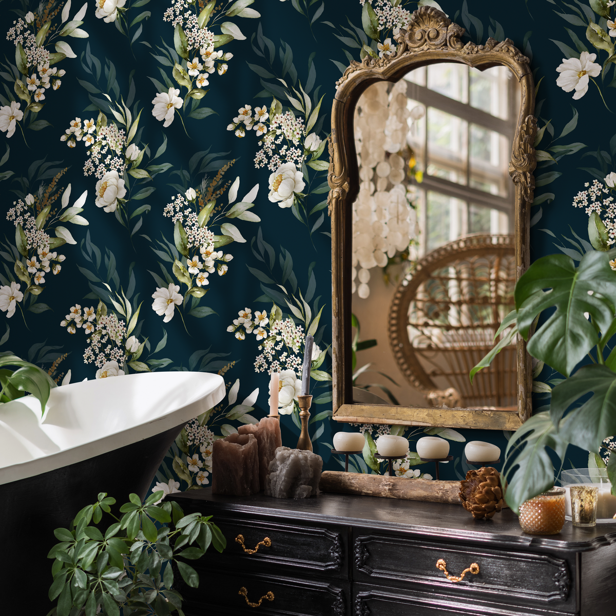 Floral Wallpaper with White Bouquets in Dark Green and Cream - detail view