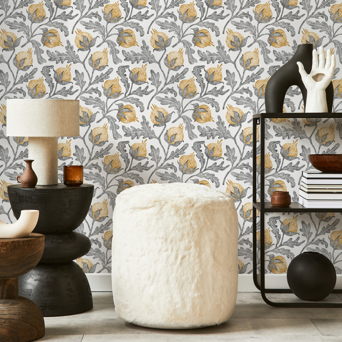 Vintage Floral Wallpaper with a Pomegranate Motif in Yellow and Gray - detail view