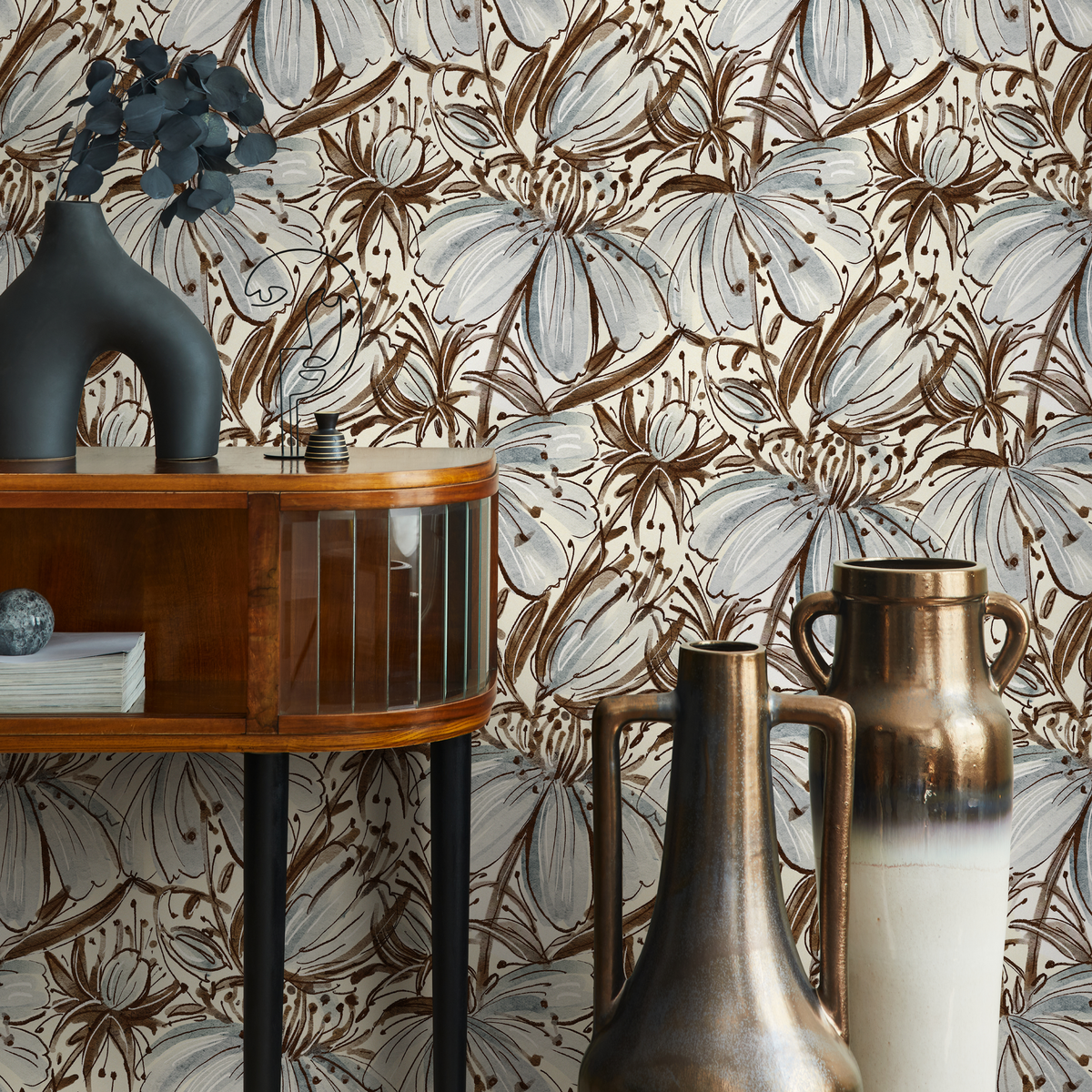 Floral Wallpaper with a Hand-Drawn Lily Motif in Brown and Blue - detail view